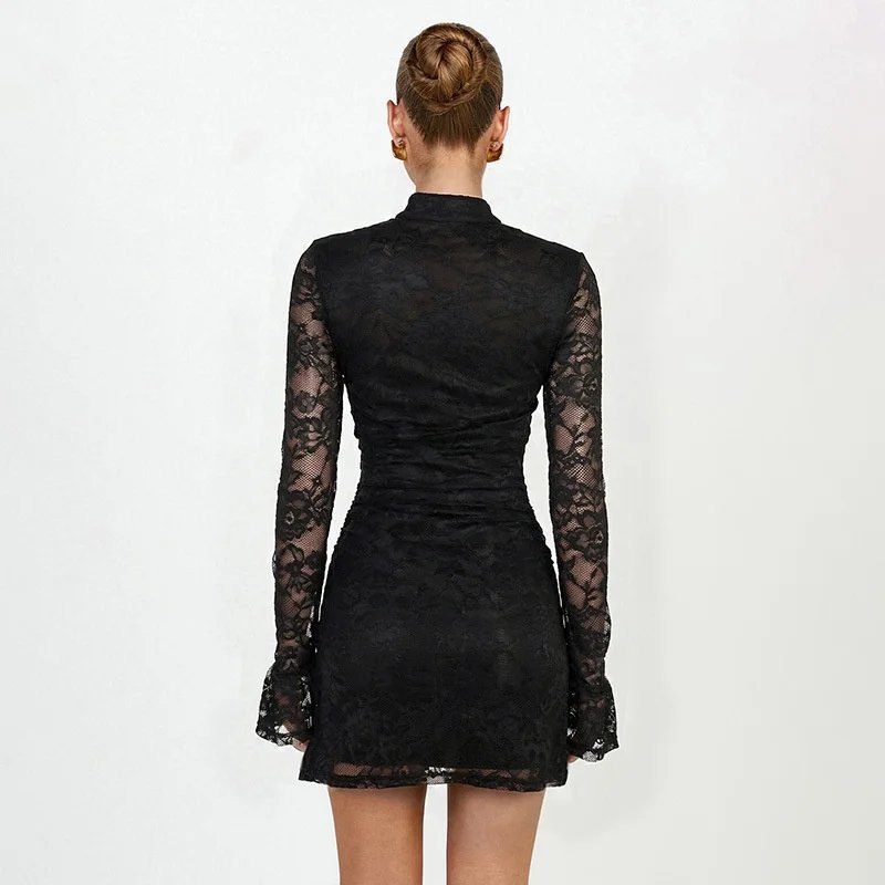 Victoria'S Vogue Women Lace Sexy Mini Dress Black Keyhole Cutout Long Flare Sleeve Bodycon Party Short Dress Elegant Nightclub Vestidos