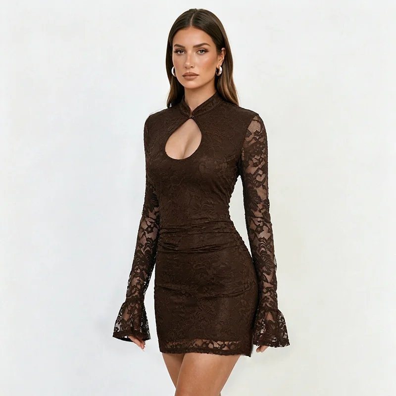Victoria'S Vogue Women Lace Sexy Mini Dress Black Keyhole Cutout Long Flare Sleeve Bodycon Party Short Dress Elegant Nightclub Vestidos