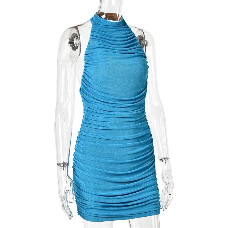 Victoria'S Vogue Halter Neck Sexy Backless Short Dress Women Off-shoulder Ruched Elastic Bodycon High Waist Skinny Club Party Mini Dress