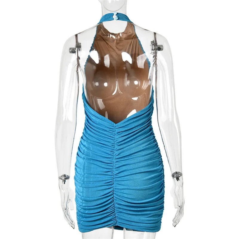 Victoria'S Vogue Halter Neck Sexy Backless Short Dress Women Off-shoulder Ruched Elastic Bodycon High Waist Skinny Club Party Mini Dress