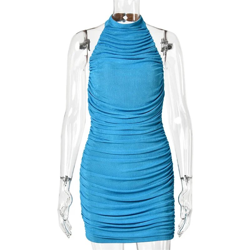 Victoria'S Vogue Halter Neck Sexy Backless Short Dress Women Off-shoulder Ruched Elastic Bodycon High Waist Skinny Club Party Mini Dress