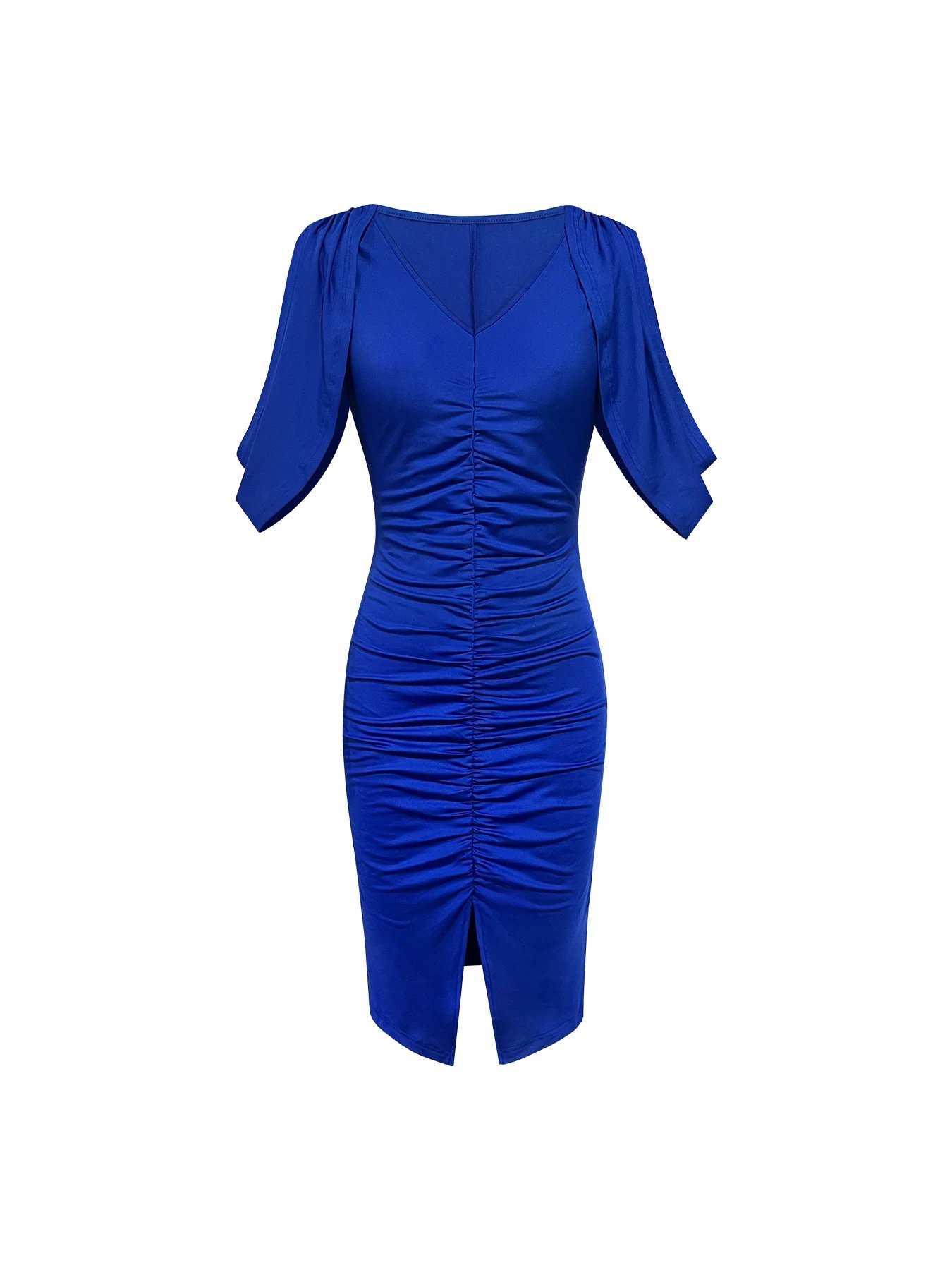Victoria'S Vogue Women's Midi Dress Royal Blue Ruched Bodycon Cape Sleeve V Neck Front Slit Elegant Evening Party Spring Summer Formal Dress