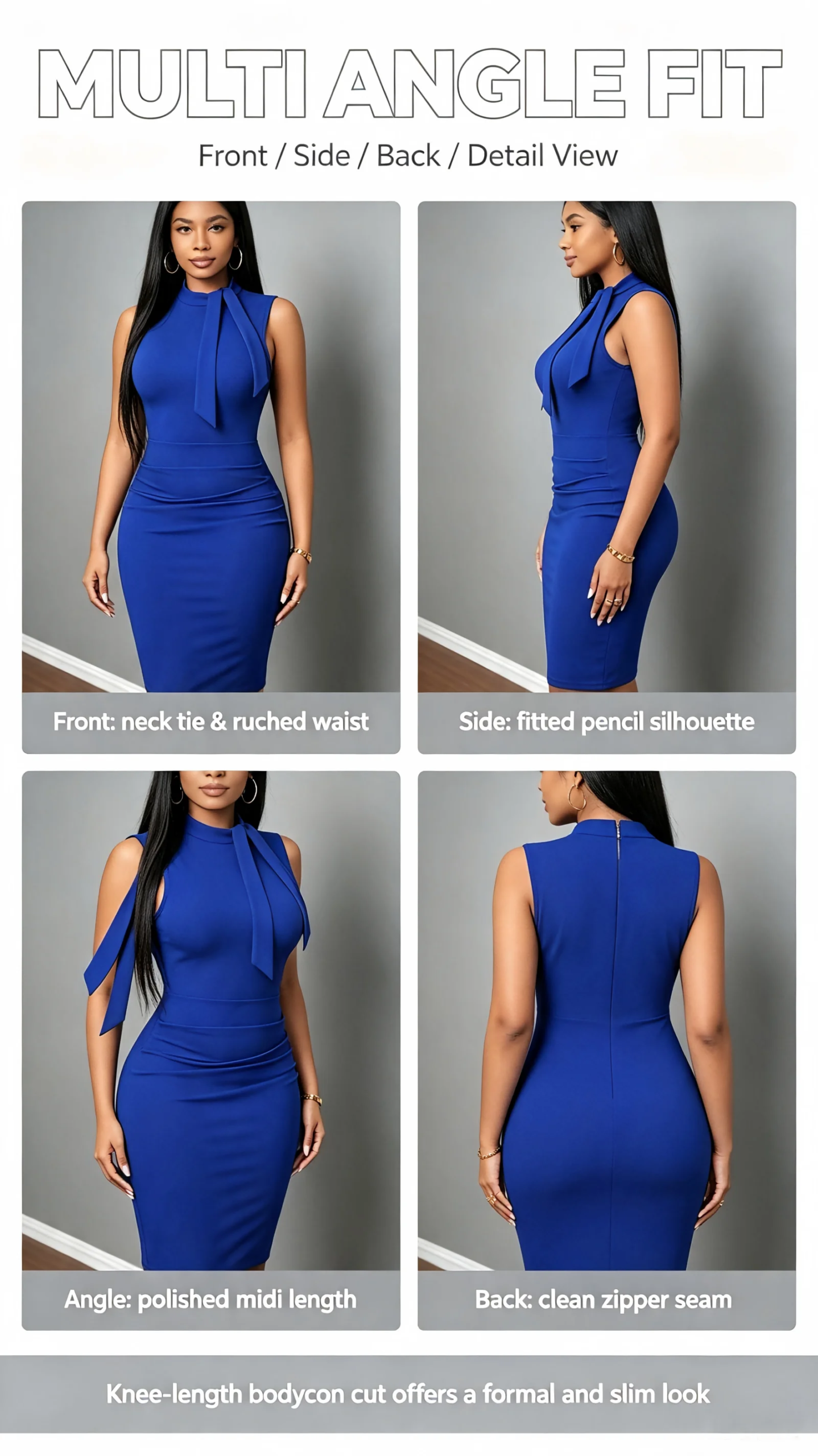 Victpria'S Vogue Women Elegant Sleeveless Bodycon Midi Dress Stand Collar Neck Tie Ruched Waist Sheath Pencil Dress Office Business Cocktail Party Formal Dresses