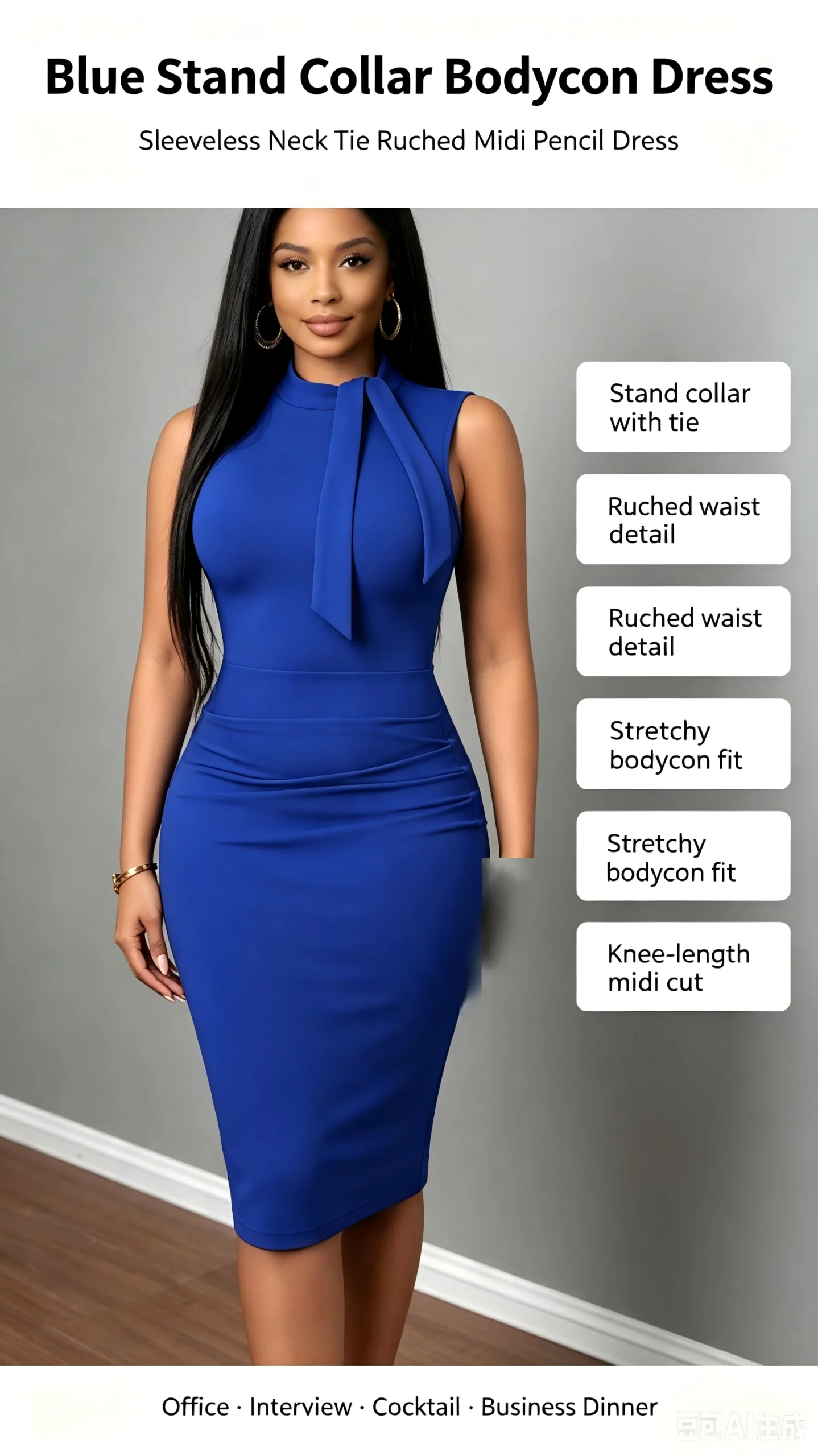 Victpria'S Vogue Women Elegant Sleeveless Bodycon Midi Dress Stand Collar Neck Tie Ruched Waist Sheath Pencil Dress Office Business Cocktail Party Formal Dresses