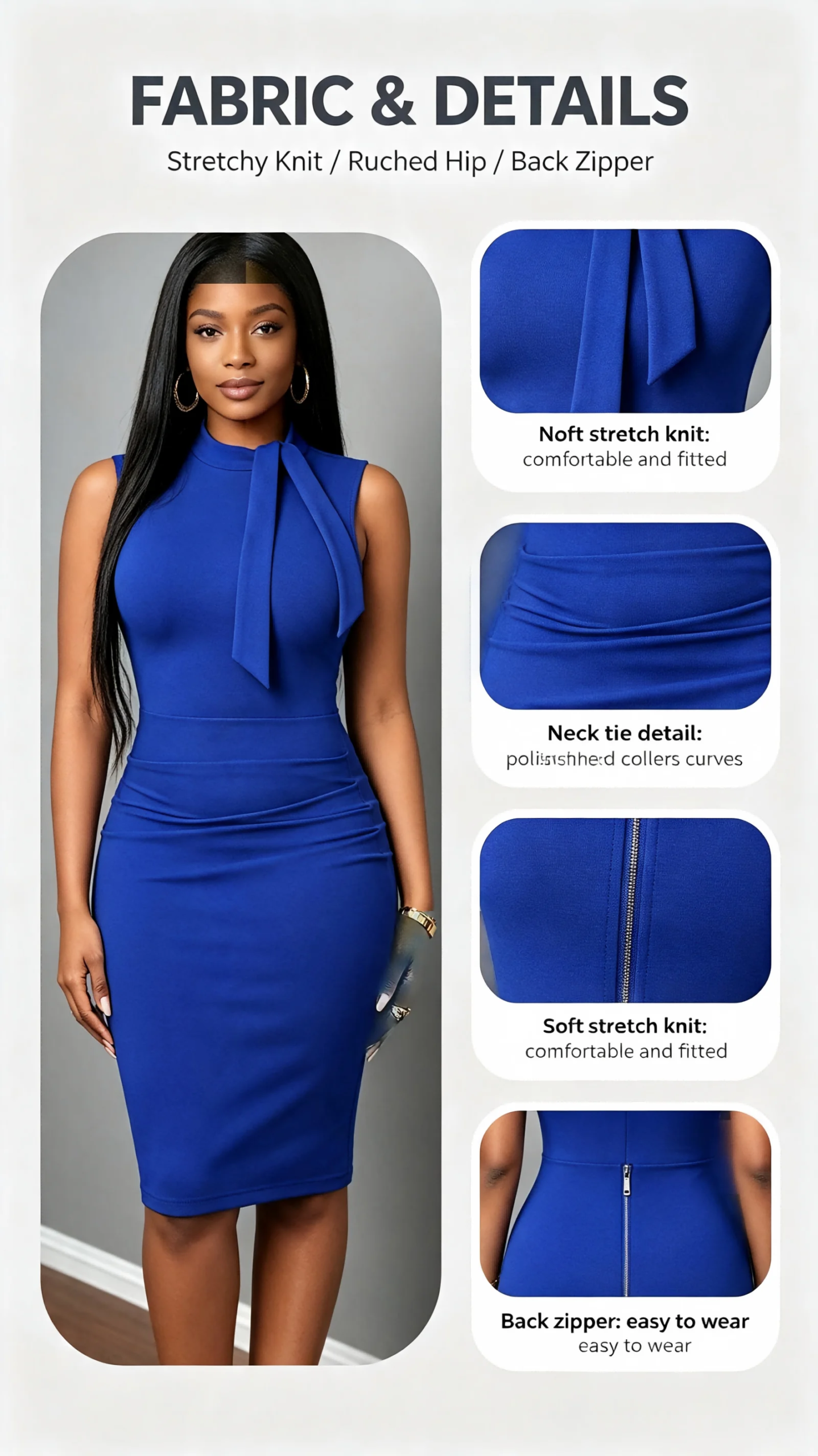 Victpria'S Vogue Women Elegant Sleeveless Bodycon Midi Dress Stand Collar Neck Tie Ruched Waist Sheath Pencil Dress Office Business Cocktail Party Formal Dresses