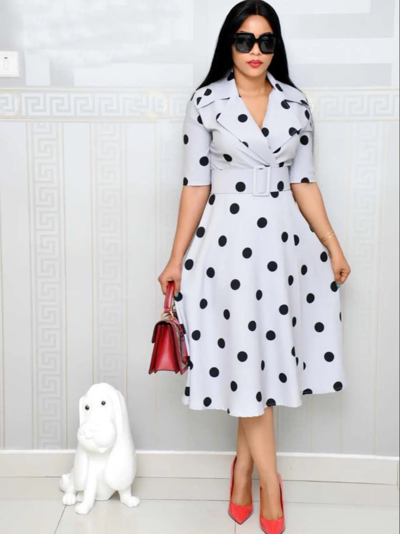 Victoria'S Vogue 2026 Spring/Summer New Women's Dress Suit Collar Point Collection Mid Sleeve Splicing Large Swing Wide Belt Dress Victoria'S Vogue 2026 Spring/Summer New Women's Dress Suit Collar Point Collection Mid Sleeve Splicing Large Swing Wide Belt Dress