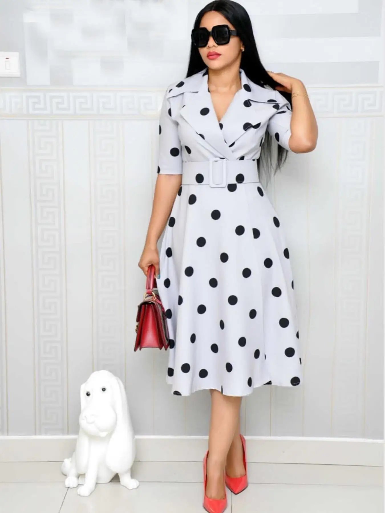 Victoria'S Vogue 2026 Spring/Summer New Women's Dress Suit Collar Point Collection Mid Sleeve Splicing Large Swing Wide Belt Dress Victoria'S Vogue 2026 Spring/Summer New Women's Dress Suit Collar Point Collection Mid Sleeve Splicing Large Swing Wide Belt Dress