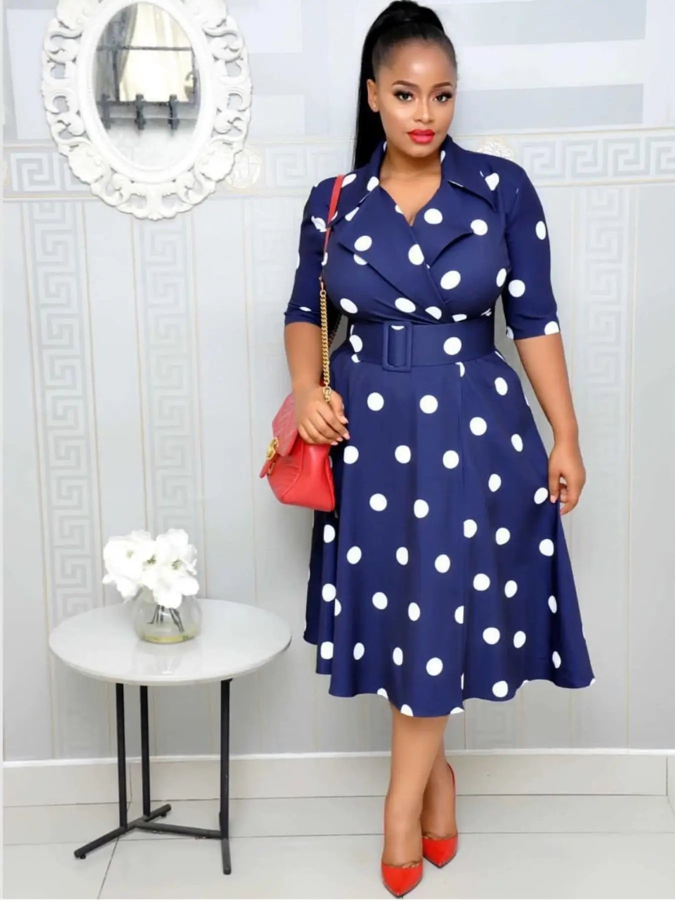 Victoria'S Vogue 2026 Spring/Summer New Women's Dress Suit Collar Point Collection Mid Sleeve Splicing Large Swing Wide Belt Dress Victoria'S Vogue 2026 Spring/Summer New Women's Dress Suit Collar Point Collection Mid Sleeve Splicing Large Swing Wide Belt Dress