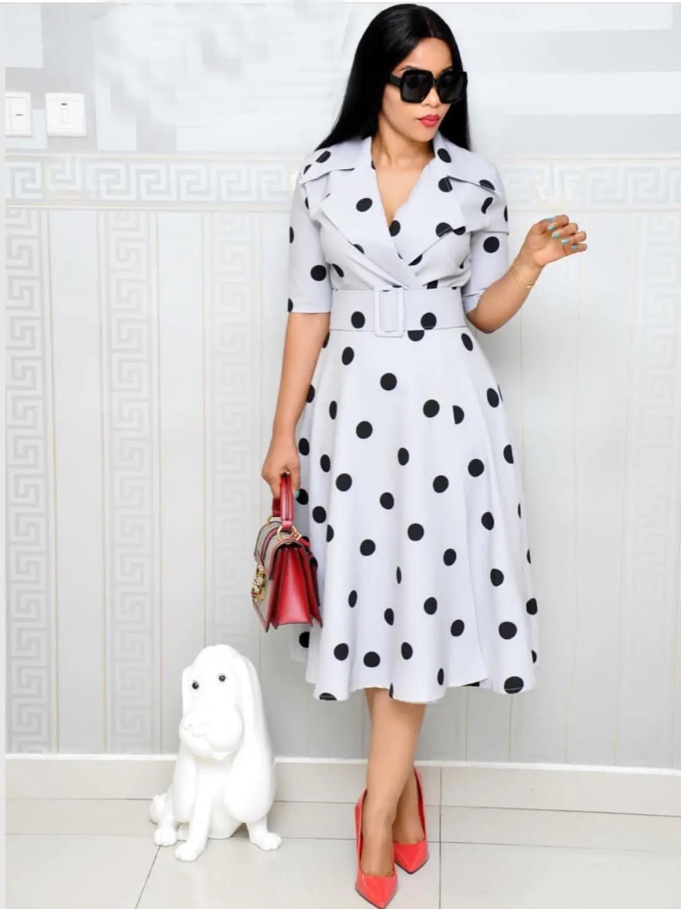 Victoria'S Vogue 2026 Spring/Summer New Women's Dress Suit Collar Point Collection Mid Sleeve Splicing Large Swing Wide Belt Dress Victoria'S Vogue 2026 Spring/Summer New Women's Dress Suit Collar Point Collection Mid Sleeve Splicing Large Swing Wide Belt Dress