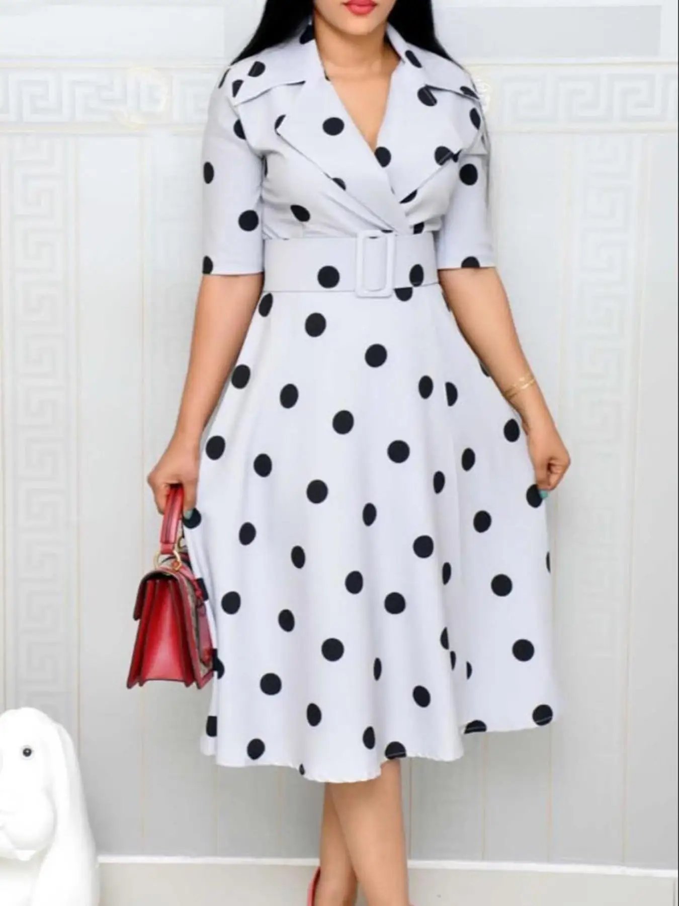 Victoria'S Vogue 2026 Spring/Summer New Women's Dress Suit Collar Point Collection Mid Sleeve Splicing Large Swing Wide Belt Dress Victoria'S Vogue 2026 Spring/Summer New Women's Dress Suit Collar Point Collection Mid Sleeve Splicing Large Swing Wide Belt Dress