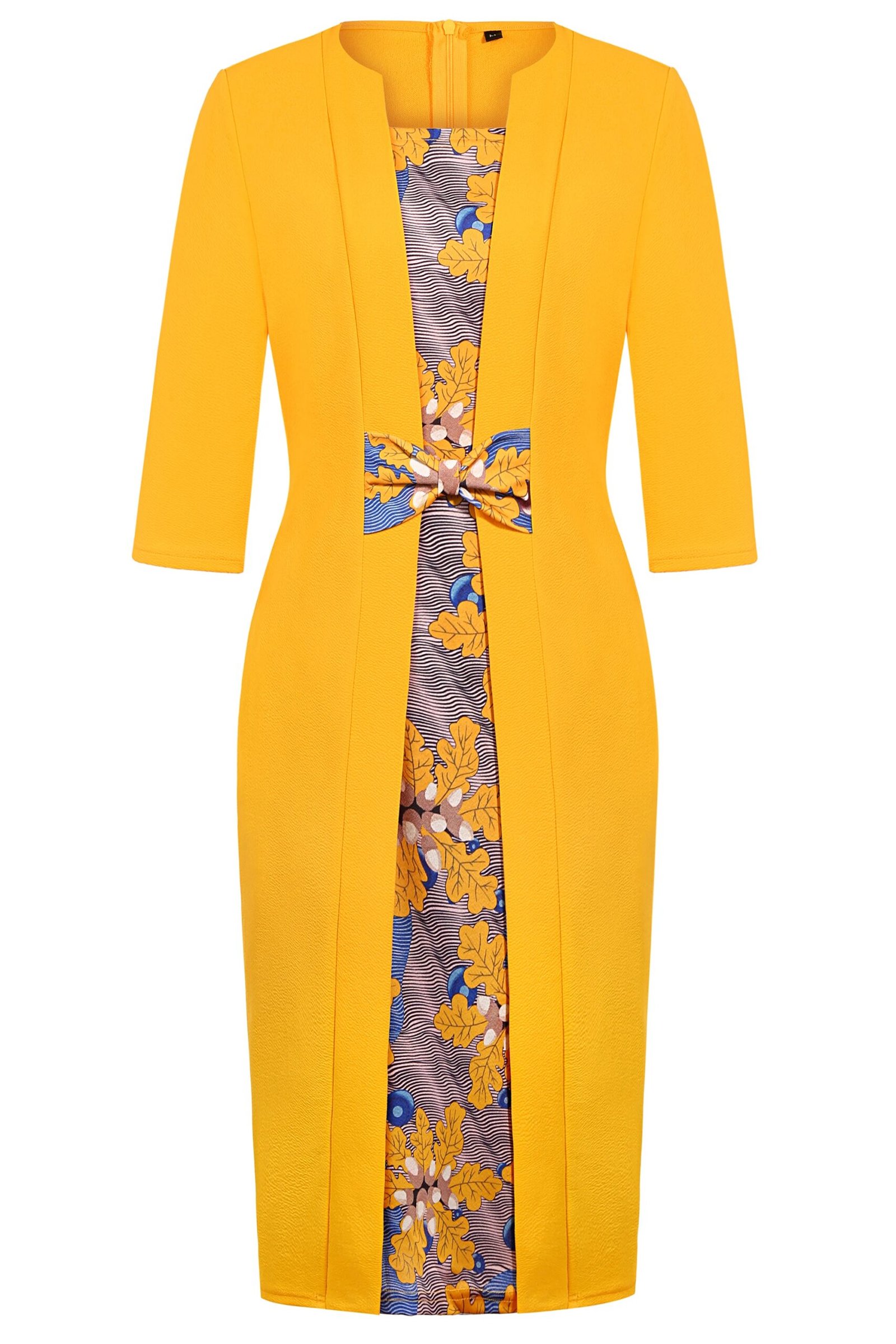 Victoria's Vogue Womens Elegant Floral Patchwork Bow Tie 2/3 Sleeve Work Office Knee Length Business Casual Party Bodycon Sheath Dress