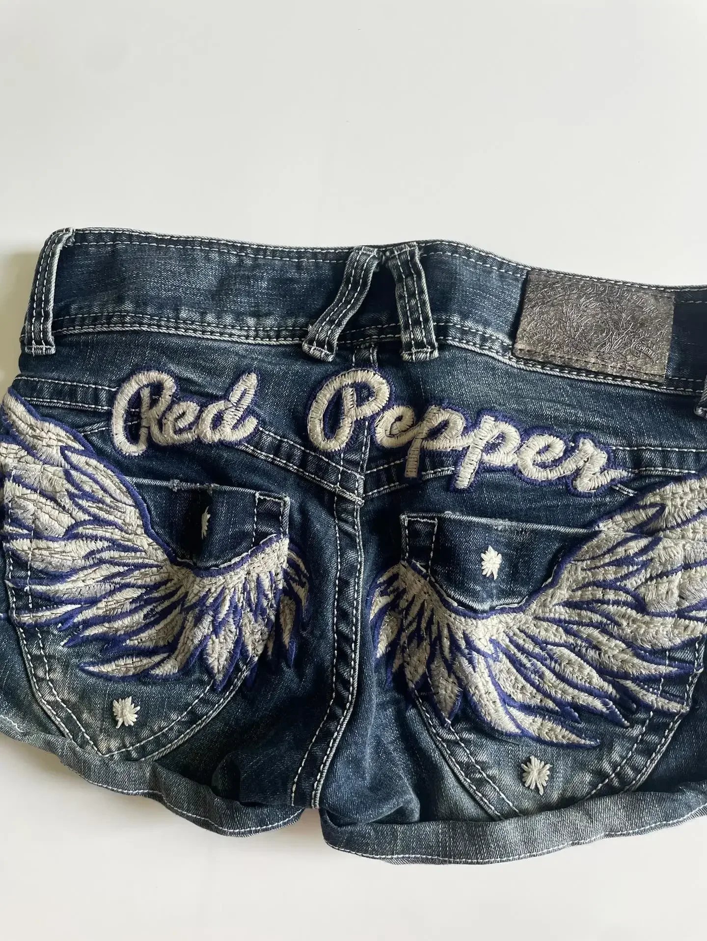 Victoria's Vogue Y2k Flag Embroidery Vintage Denim Women Shorts Harajuku Slim Light Blue Jean Low Waist Short Street Mini Short Women Clothing