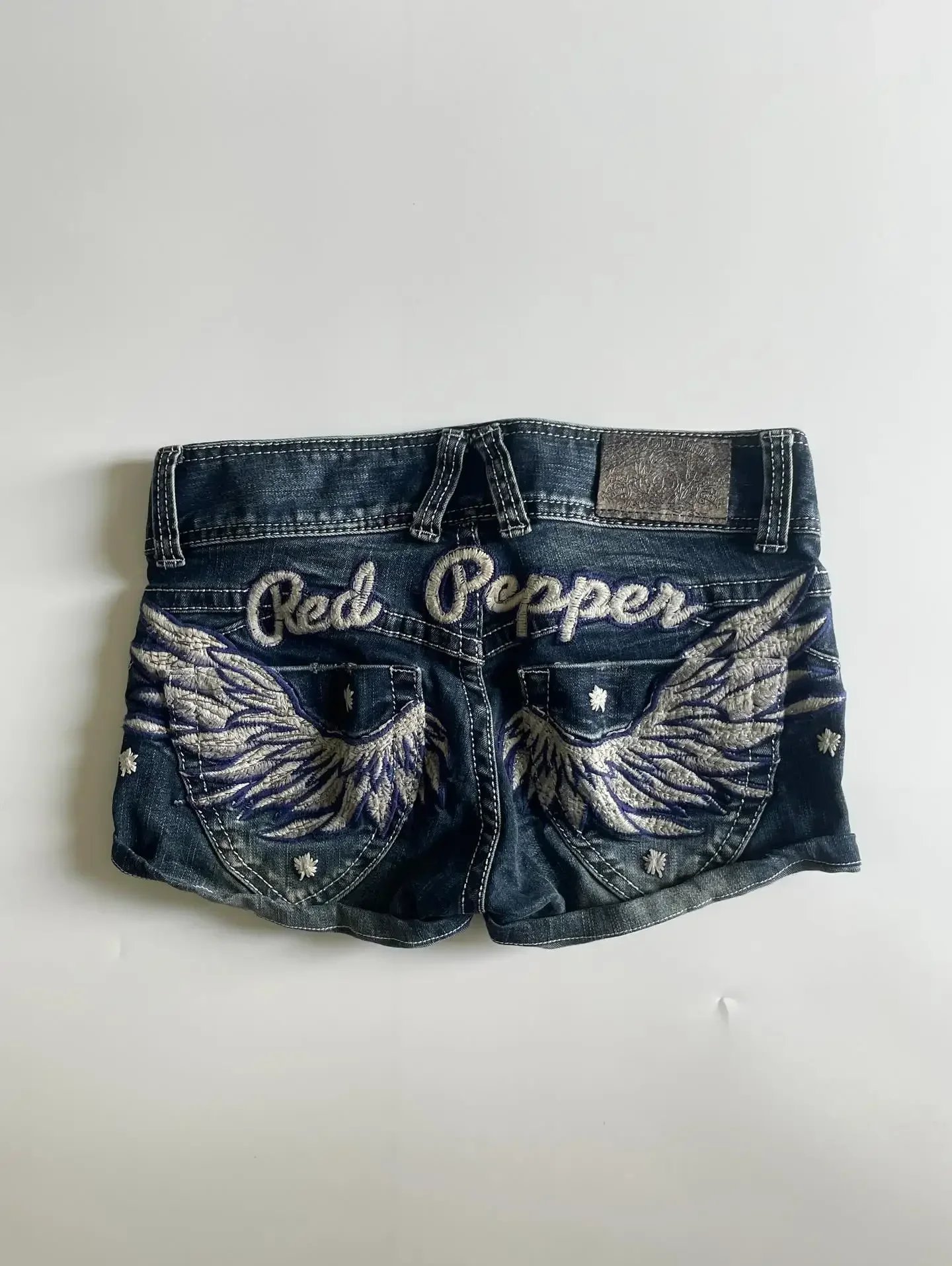 Victoria's Vogue Y2k Flag Embroidery Vintage Denim Women Shorts Harajuku Slim Light Blue Jean Low Waist Short Street Mini Short Women Clothing