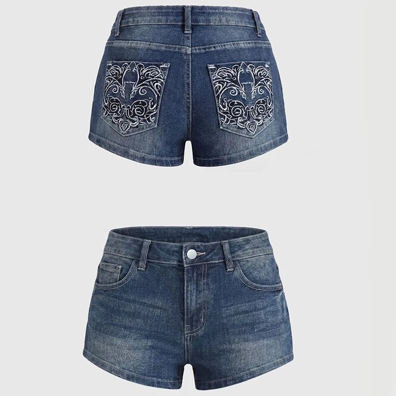 Victoria's Vogue Summer Vintage Y2K Punk Rhineston Embroidered Denim Shorts Women Jeans Holiday Sexy Low Waist Distressed American Retro Hot Pant