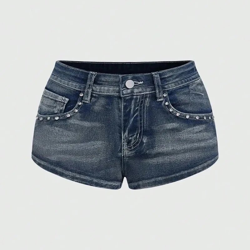 Victoria's Vogue Summer Vintage Y2K Punk Rhineston Embroidered Denim Shorts Women Jeans Holiday Sexy Low Waist Distressed American Retro Hot Pant