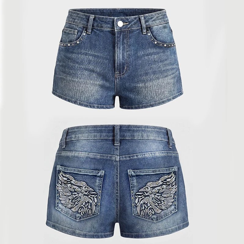 Victoria's Vogue Summer Vintage Y2K Punk Rhineston Embroidered Denim Shorts Women Jeans Holiday Sexy Low Waist Distressed American Retro Hot Pant