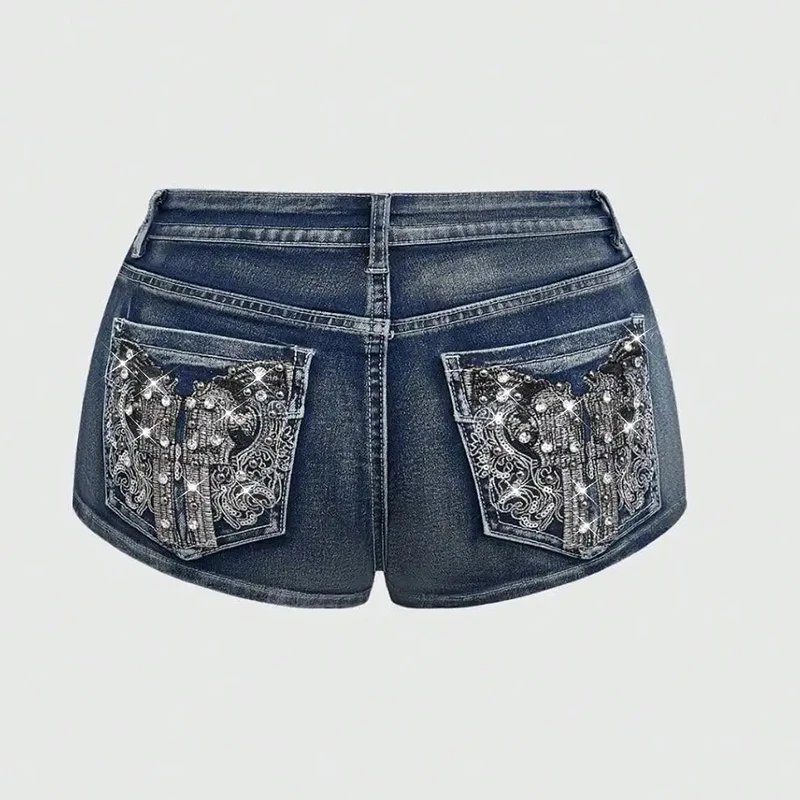 Victoria's Vogue Summer Vintage Y2K Punk Rhineston Embroidered Denim Shorts Women Jeans Holiday Sexy Low Waist Distressed American Retro Hot Pant