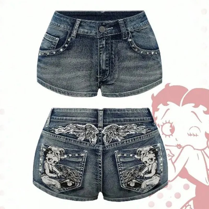 Victoria's Vogue Summer Vintage Y2K Punk Rhineston Embroidered Denim Shorts Women Jeans Holiday Sexy Low Waist Distressed American Retro Hot Pant