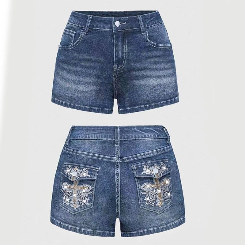 Victoria's Vogue Summer Vintage Y2K Punk Rhineston Embroidered Denim Shorts Women Jeans Holiday Sexy Low Waist Distressed American Retro Hot Pant