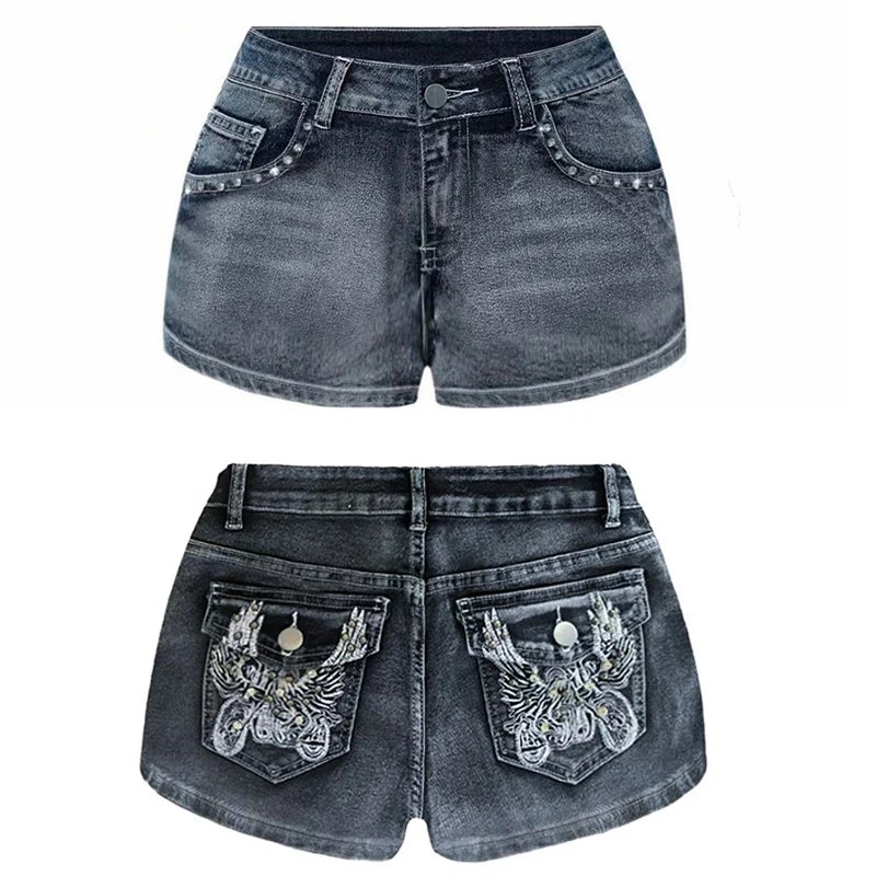 Victoria's Vogue Summer Vintage Y2K Punk Rhineston Embroidered Denim Shorts Women Jeans Holiday Sexy Low Waist Distressed American Retro Hot Pant