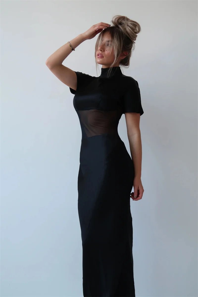 Victoria's Vogue Turtleneck Short Sleeve Sexy Maxi Dress Women Gown Elegant Patchwork Mesh Sheer Backless Bodycon Club Party Long Dress Victoria's Vogue Turtleneck Short Sleeve Sexy Maxi Dress Women Gown Elegant Patchwork Mesh Sheer Backless Bodycon Club Party Long Dress
