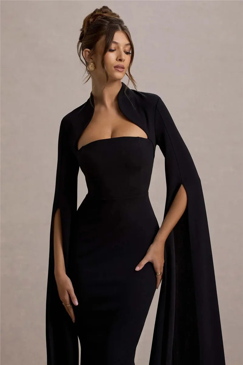 Victoria's Vogue Cape Long Sleeve Sexy Midi Dress For Women Autumn Winter New Square Collar Back Slit Bodycon Club Party Long Dress Victoria's Vogue Cape Long Sleeve Sexy Midi Dress For Women Autumn Winter New Square Collar Back Slit Bodycon Club Party Long Dress