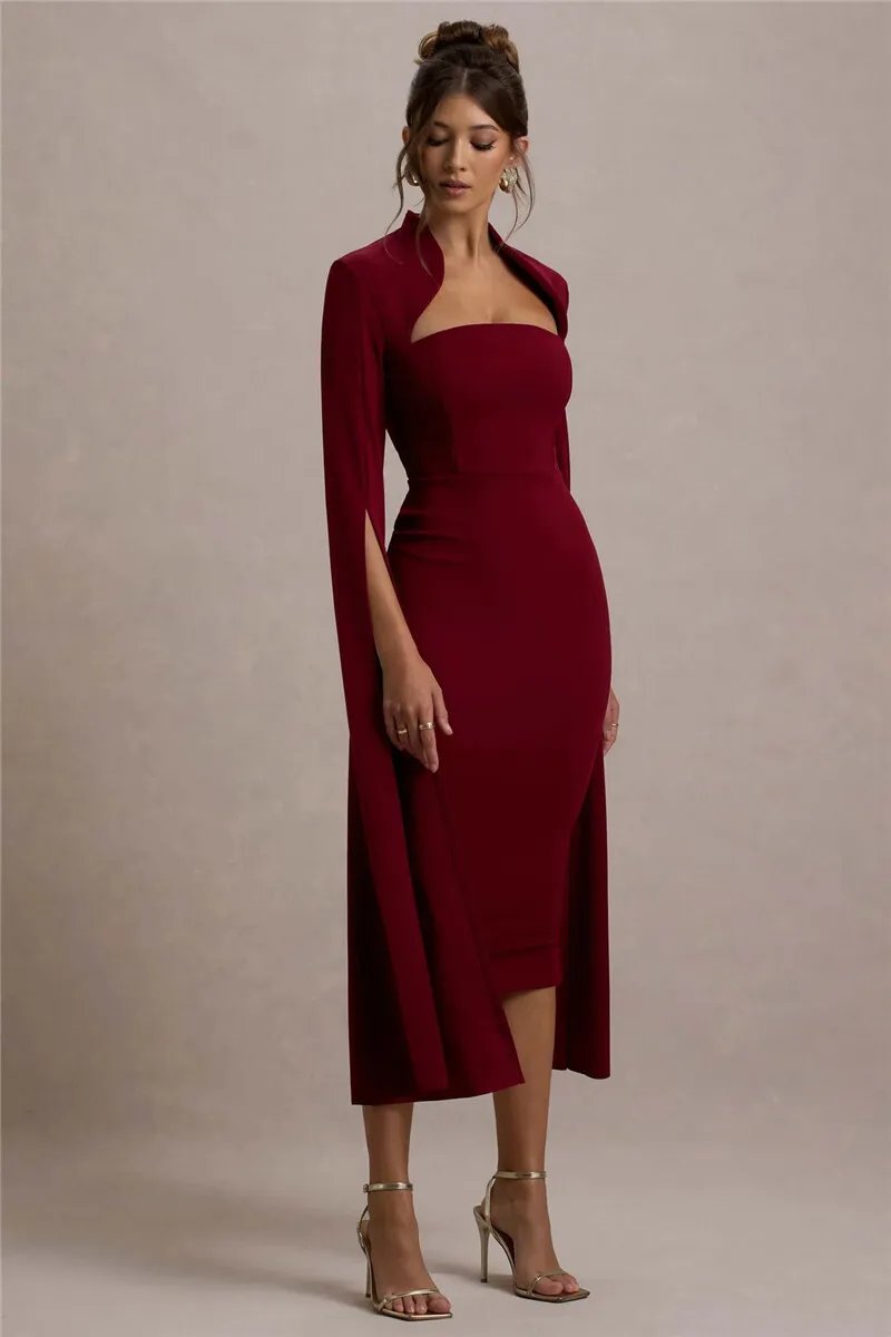 Victoria's Vogue Cape Long Sleeve Sexy Midi Dress For Women Autumn Winter New Square Collar Back Slit Bodycon Club Party Long Dress Victoria's Vogue Cape Long Sleeve Sexy Midi Dress For Women Autumn Winter New Square Collar Back Slit Bodycon Club Party Long Dress