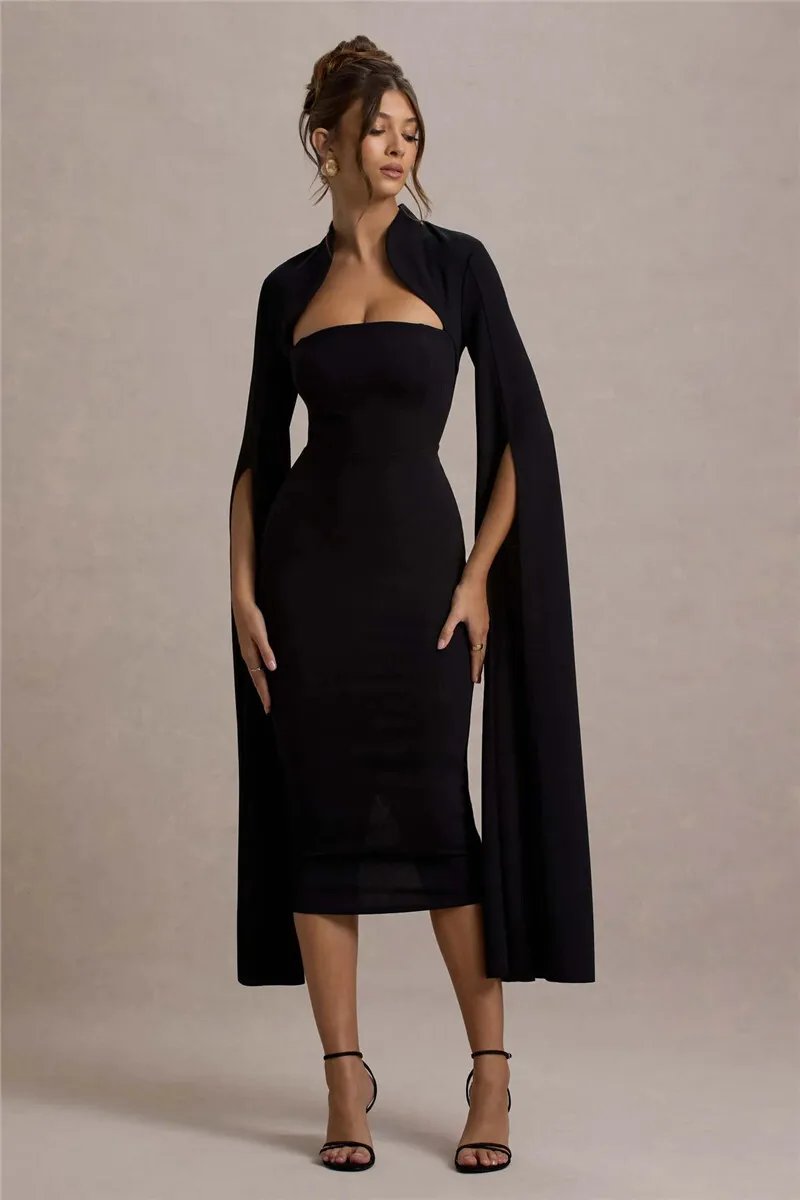 Victoria's Vogue Cape Long Sleeve Sexy Midi Dress For Women Autumn Winter New Square Collar Back Slit Bodycon Club Party Long Dress Victoria's Vogue Cape Long Sleeve Sexy Midi Dress For Women Autumn Winter New Square Collar Back Slit Bodycon Club Party Long Dress