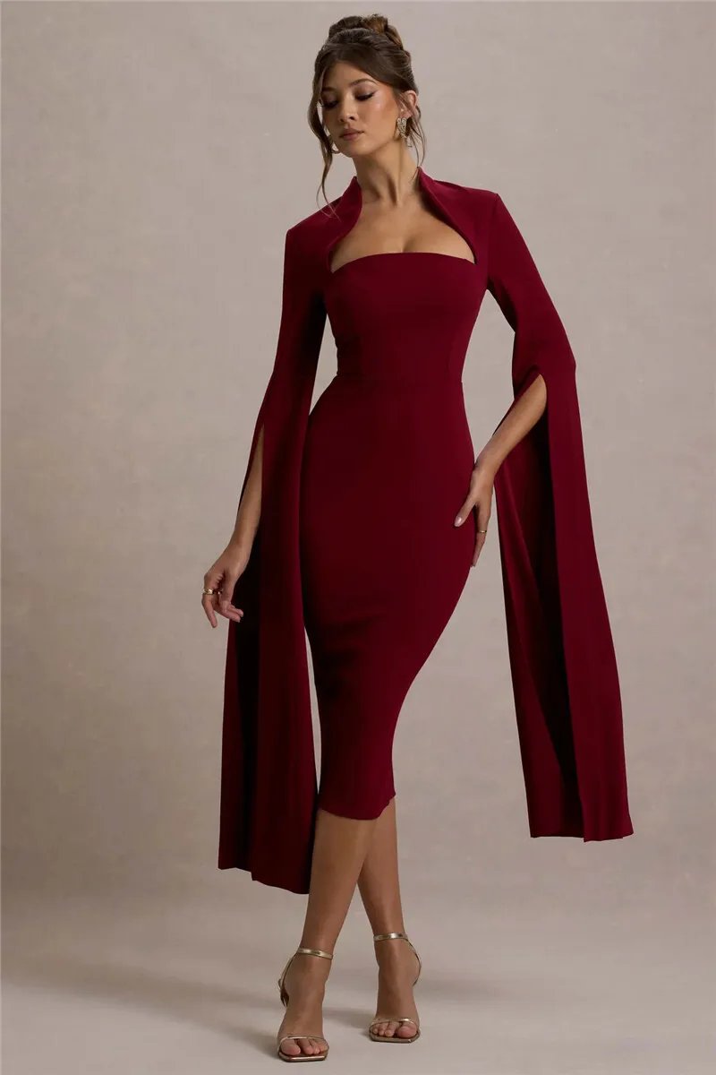Victoria's Vogue Cape Long Sleeve Sexy Midi Dress For Women Autumn Winter New Square Collar Back Slit Bodycon Club Party Long Dress Victoria's Vogue Cape Long Sleeve Sexy Midi Dress For Women Autumn Winter New Square Collar Back Slit Bodycon Club Party Long Dress