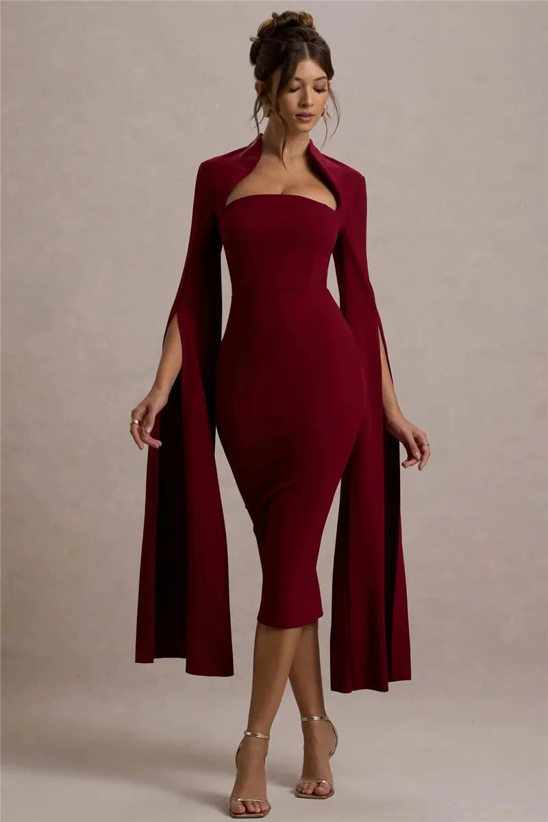 Victoria's Vogue Cape Long Sleeve Sexy Midi Dress For Women Autumn Winter New Square Collar Back Slit Bodycon Club Party Long Dress Victoria's Vogue Cape Long Sleeve Sexy Midi Dress For Women Autumn Winter New Square Collar Back Slit Bodycon Club Party Long Dress