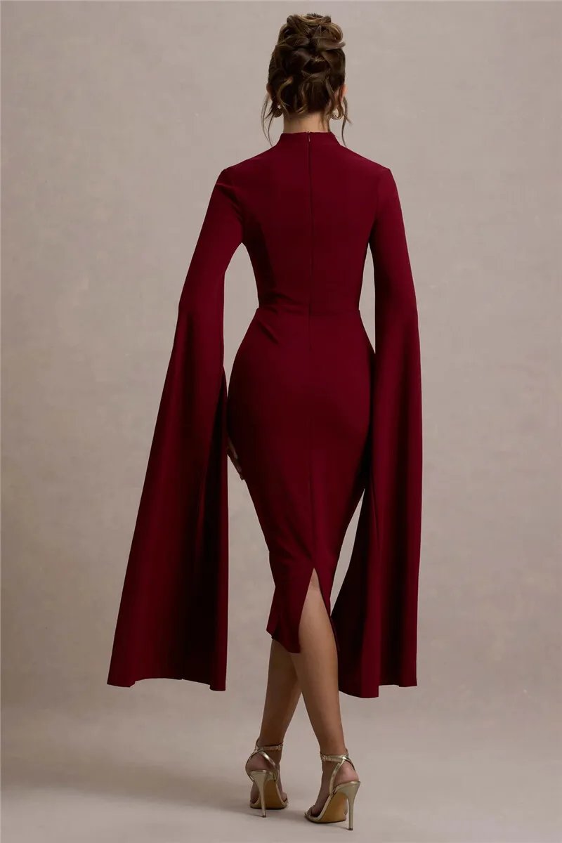 Victoria's Vogue Cape Long Sleeve Sexy Midi Dress For Women Autumn Winter New Square Collar Back Slit Bodycon Club Party Long Dress Victoria's Vogue Cape Long Sleeve Sexy Midi Dress For Women Autumn Winter New Square Collar Back Slit Bodycon Club Party Long Dress