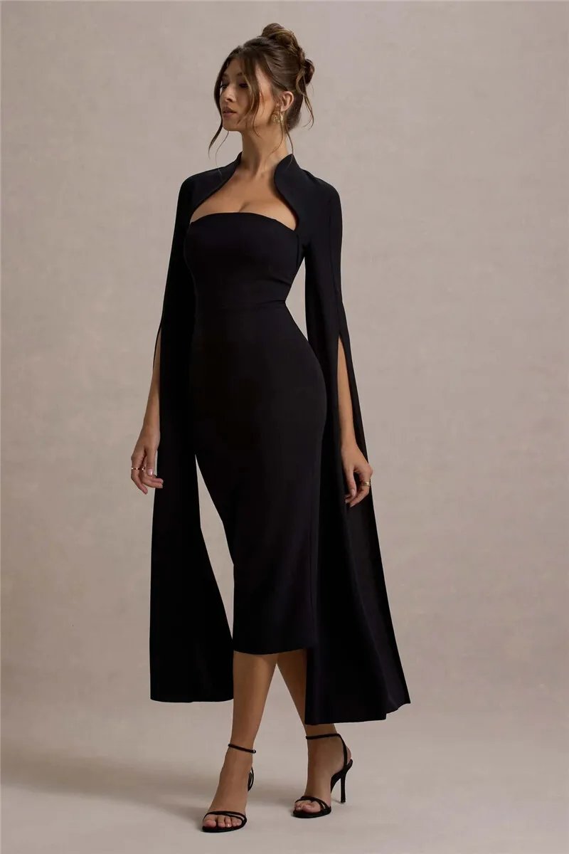 Victoria's Vogue Cape Long Sleeve Sexy Midi Dress For Women Autumn Winter New Square Collar Back Slit Bodycon Club Party Long Dress Victoria's Vogue Cape Long Sleeve Sexy Midi Dress For Women Autumn Winter New Square Collar Back Slit Bodycon Club Party Long Dress