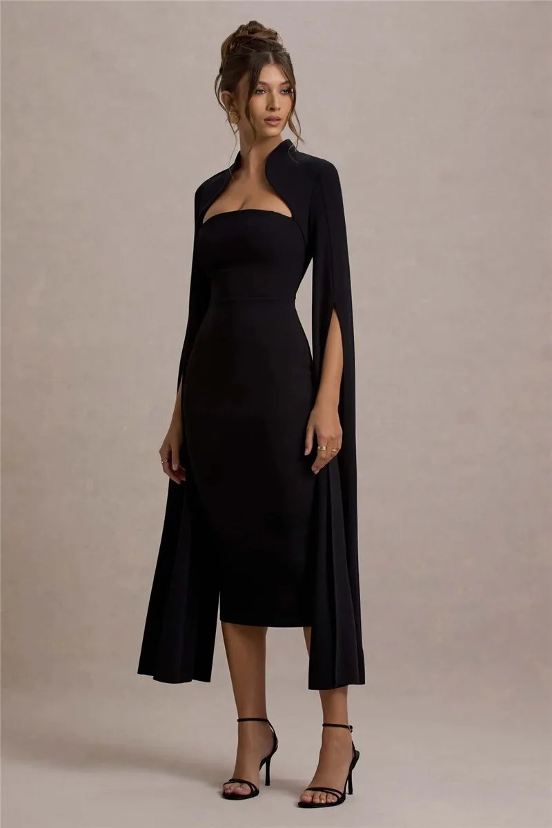 Victoria's Vogue Cape Long Sleeve Sexy Midi Dress For Women Autumn Winter New Square Collar Back Slit Bodycon Club Party Long Dress Victoria's Vogue Cape Long Sleeve Sexy Midi Dress For Women Autumn Winter New Square Collar Back Slit Bodycon Club Party Long Dress