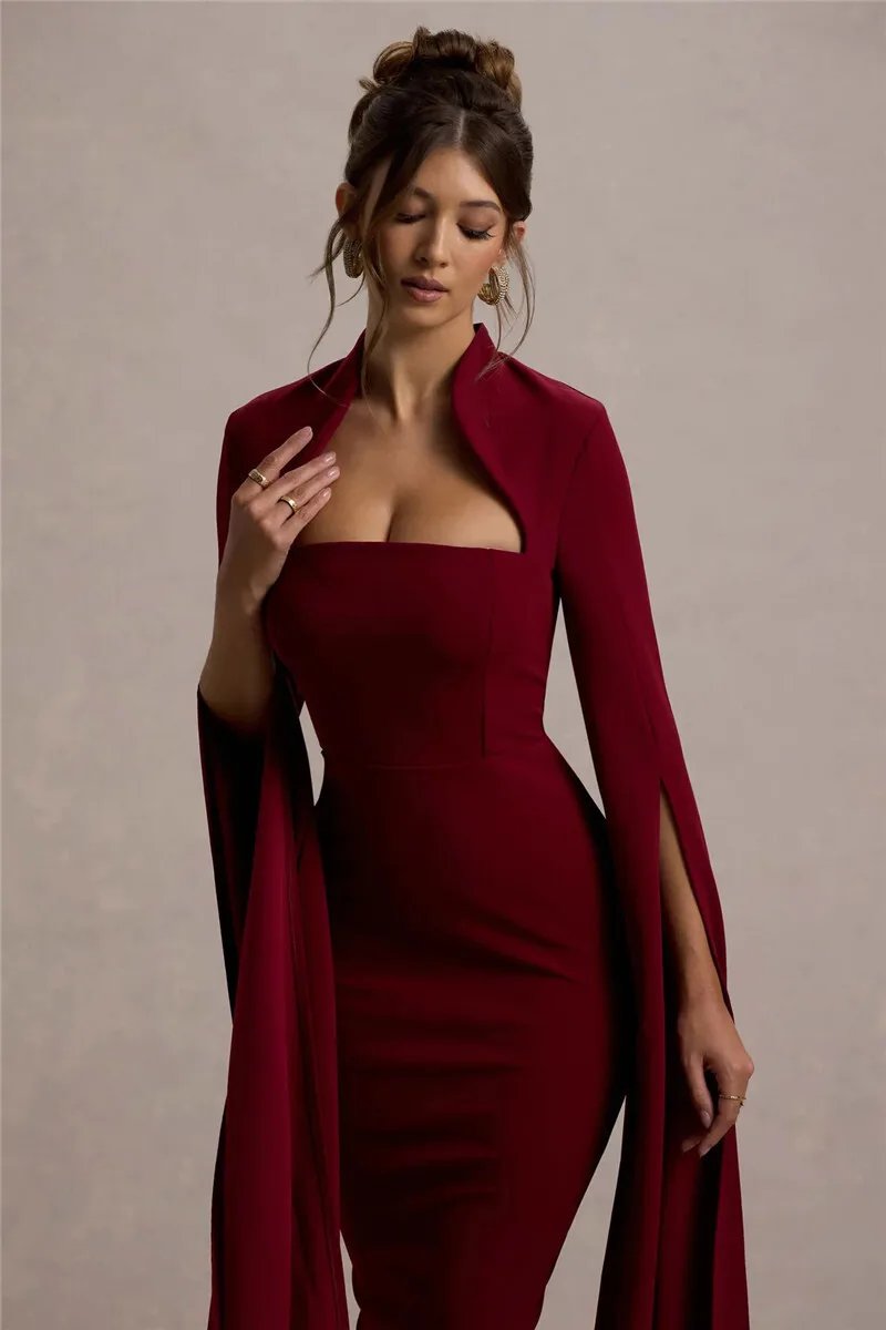 Victoria's Vogue Cape Long Sleeve Sexy Midi Dress For Women Autumn Winter New Square Collar Back Slit Bodycon Club Party Long Dress Victoria's Vogue Cape Long Sleeve Sexy Midi Dress For Women Autumn Winter New Square Collar Back Slit Bodycon Club Party Long Dress