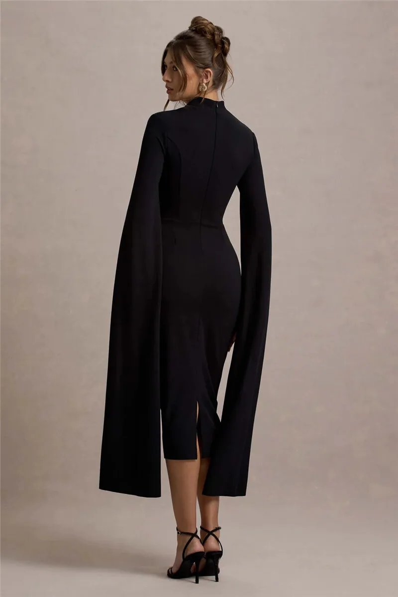 Victoria's Vogue Cape Long Sleeve Sexy Midi Dress For Women Autumn Winter New Square Collar Back Slit Bodycon Club Party Long Dress Victoria's Vogue Cape Long Sleeve Sexy Midi Dress For Women Autumn Winter New Square Collar Back Slit Bodycon Club Party Long Dress