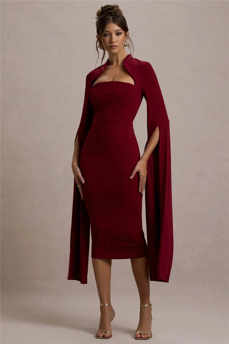 Victoria's Vogue Cape Long Sleeve Sexy Midi Dress For Women Autumn Winter New Square Collar Back Slit Bodycon Club Party Long Dress Victoria's Vogue Cape Long Sleeve Sexy Midi Dress For Women Autumn Winter New Square Collar Back Slit Bodycon Club Party Long Dress