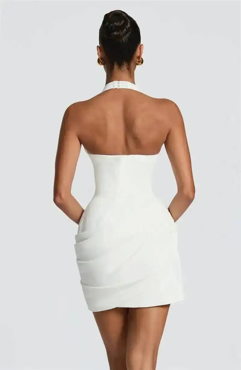 Victoria's Vogue Halter Deep V Neck Sexy Mini Dress Women Elegant Sleeveless Backless Ruched Waist Bodycon Club Party Short Dresses Victoria's Vogue Halter Deep V Neck Sexy Mini Dress Women Elegant Sleeveless Backless Ruched Waist Bodycon Club Party Short Dresses