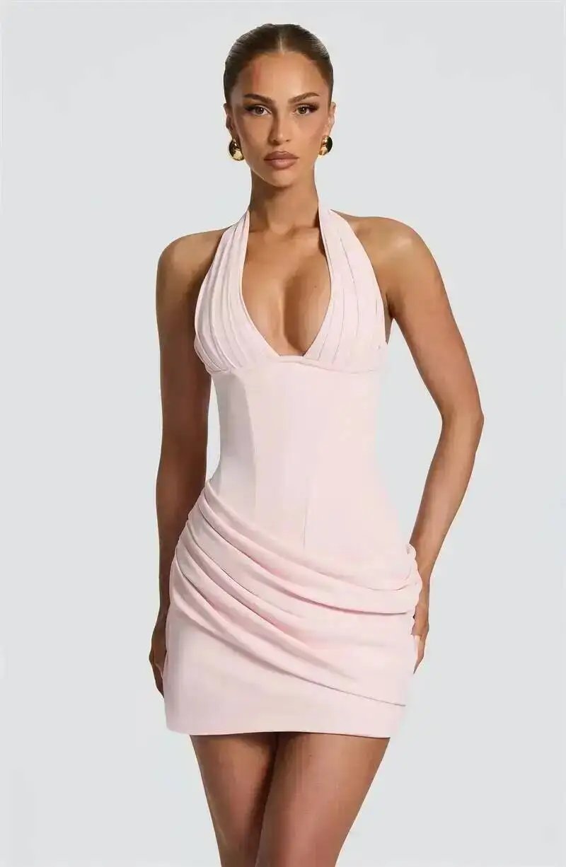 Victoria's Vogue Halter Deep V Neck Sexy Mini Dress Women Elegant Sleeveless Backless Ruched Waist Bodycon Club Party Short Dresses Victoria's Vogue Halter Deep V Neck Sexy Mini Dress Women Elegant Sleeveless Backless Ruched Waist Bodycon Club Party Short Dresses