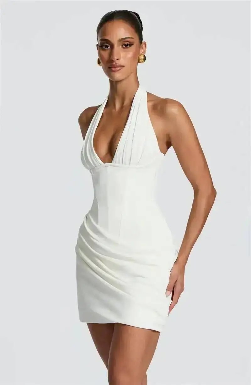 Victoria's Vogue Halter Deep V Neck Sexy Mini Dress Women Elegant Sleeveless Backless Ruched Waist Bodycon Club Party Short Dresses Victoria's Vogue Halter Deep V Neck Sexy Mini Dress Women Elegant Sleeveless Backless Ruched Waist Bodycon Club Party Short Dresses