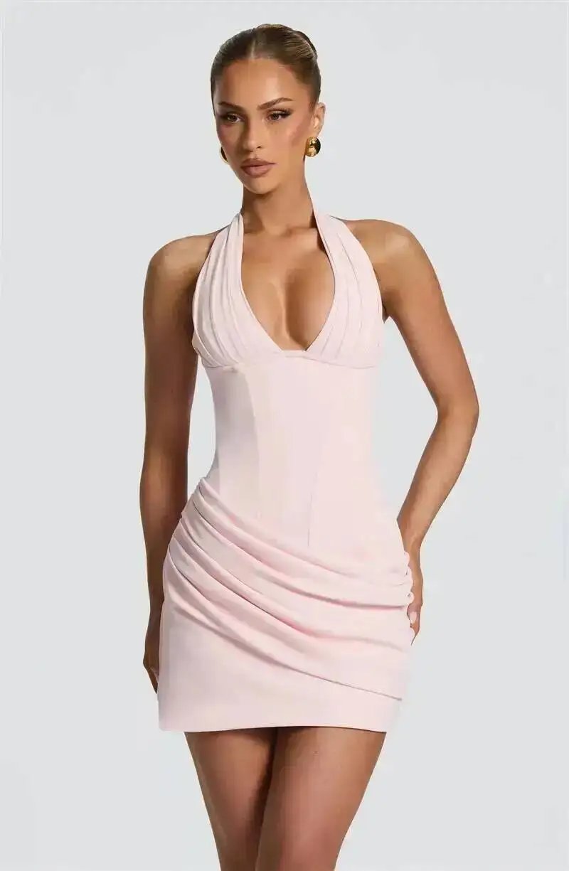 Victoria's Vogue Halter Deep V Neck Sexy Mini Dress Women Elegant Sleeveless Backless Ruched Waist Bodycon Club Party Short Dresses Victoria's Vogue Halter Deep V Neck Sexy Mini Dress Women Elegant Sleeveless Backless Ruched Waist Bodycon Club Party Short Dresses