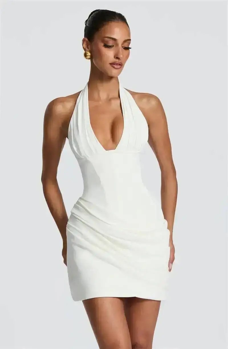 Victoria's Vogue Halter Deep V Neck Sexy Mini Dress Women Elegant Sleeveless Backless Ruched Waist Bodycon Club Party Short Dresses Victoria's Vogue Halter Deep V Neck Sexy Mini Dress Women Elegant Sleeveless Backless Ruched Waist Bodycon Club Party Short Dresses