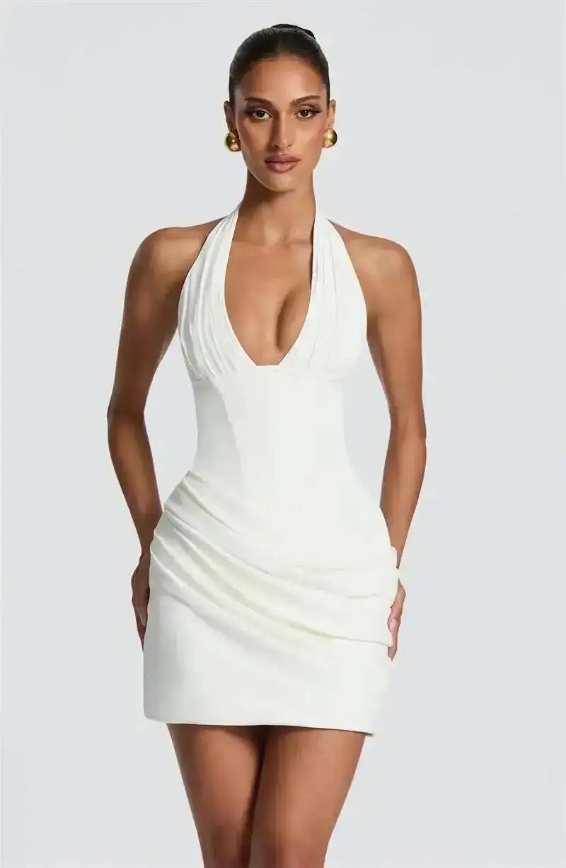 Victoria's Vogue Halter Deep V Neck Sexy Mini Dress Women Elegant Sleeveless Backless Ruched Waist Bodycon Club Party Short Dresses Victoria's Vogue Halter Deep V Neck Sexy Mini Dress Women Elegant Sleeveless Backless Ruched Waist Bodycon Club Party Short Dresses