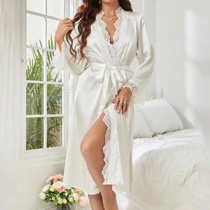 Victoria's Vogue Silk Satin Nightdress For Women Night Robe Sexy Lingerie Soft Sleepwear Smooth Lace Robe Dress Nightgown Bathrobe Ladies Pajamas