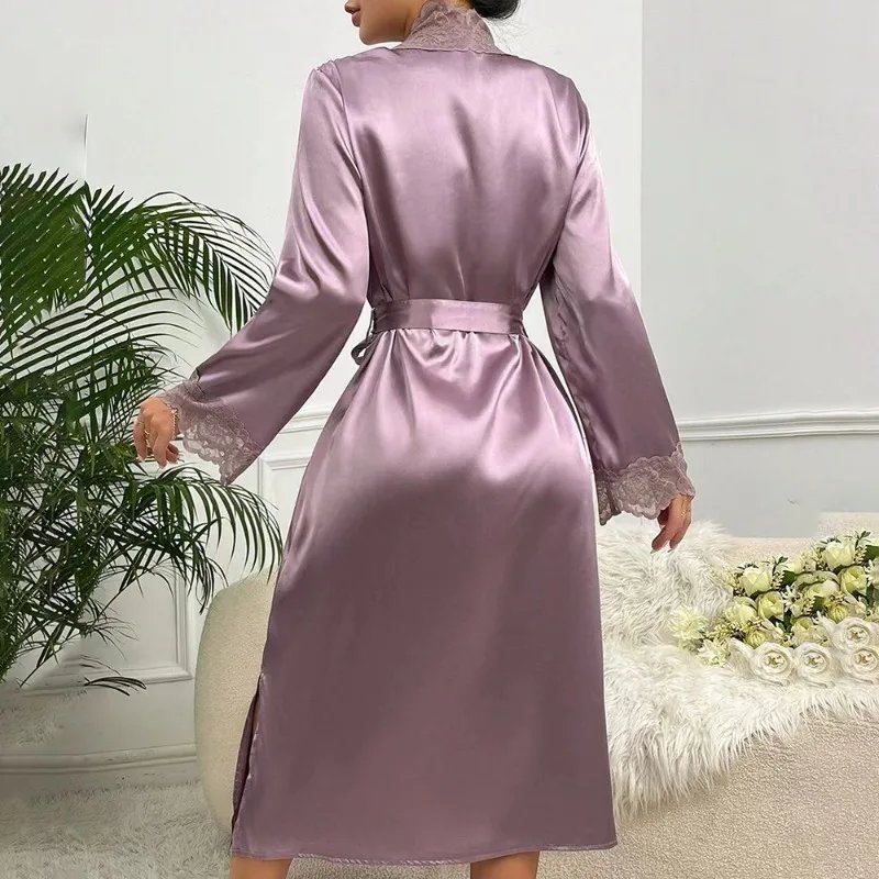 Victoria's Vogue Silk Satin Nightdress For Women Night Robe Sexy Lingerie Soft Sleepwear Smooth Lace Robe Dress Nightgown Bathrobe Ladies Pajamas