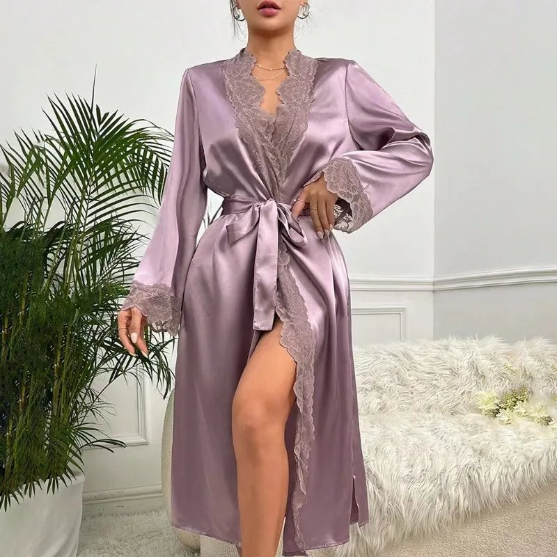 Victoria's Vogue Silk Satin Nightdress For Women Night Robe Sexy Lingerie Soft Sleepwear Smooth Lace Robe Dress Nightgown Bathrobe Ladies Pajamas