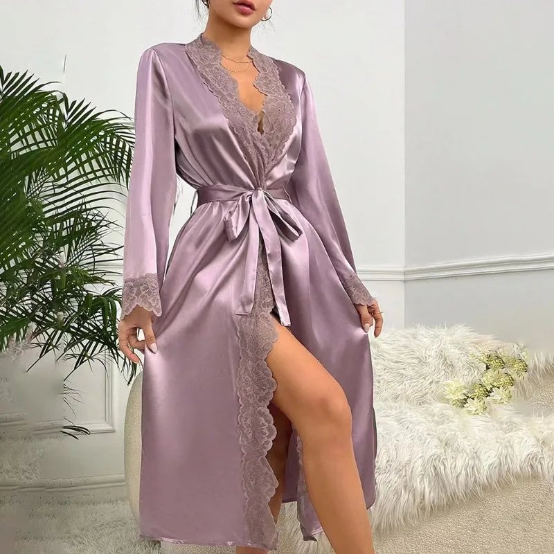 Victoria's Vogue Silk Satin Nightdress For Women Night Robe Sexy Lingerie Soft Sleepwear Smooth Lace Robe Dress Nightgown Bathrobe Ladies Pajamas