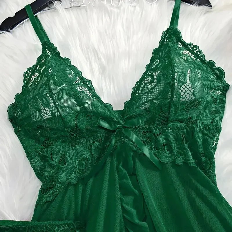 Victoria's Vogue 2 Pcs Set Lace Nightgown Women Exquisite Homewear New Green Nighttime Pajamas Transparent Split Nightdress V-Neck Bra Panty Sets Victoria's Vogue 2 Pcs Set Lace Nightgown Women Exquisite Homewear New Green Nighttime Pajamas Transparent Split Nightdress V-Neck Bra Panty Sets