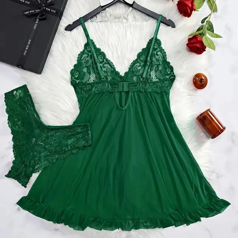 Victoria's Vogue 2 Pcs Set Lace Nightgown Women Exquisite Homewear New Green Nighttime Pajamas Transparent Split Nightdress V-Neck Bra Panty Sets Victoria's Vogue 2 Pcs Set Lace Nightgown Women Exquisite Homewear New Green Nighttime Pajamas Transparent Split Nightdress V-Neck Bra Panty Sets