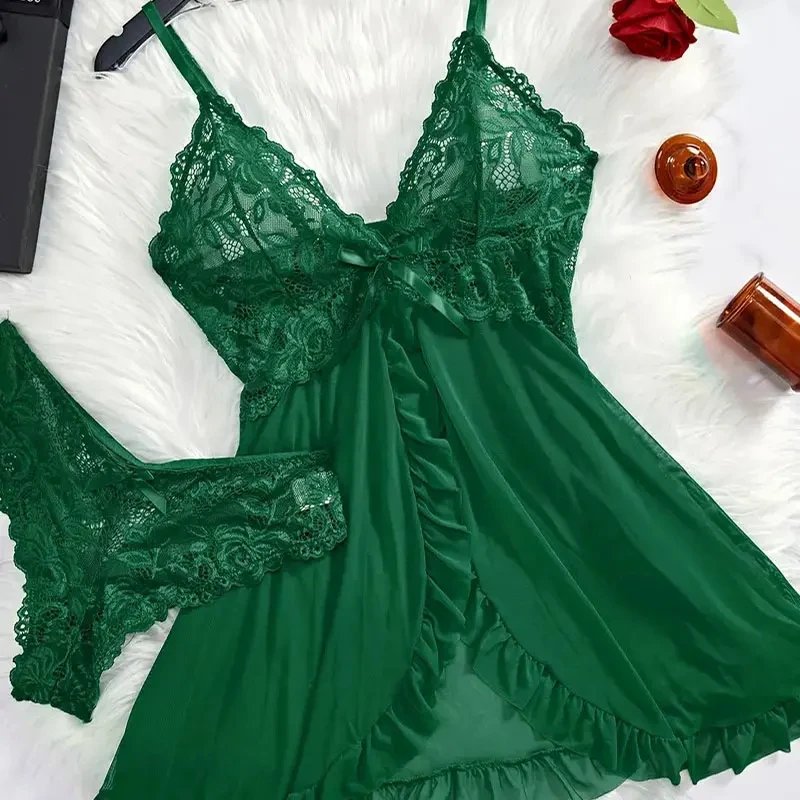 Victoria's Vogue 2 Pcs Set Lace Nightgown Women Exquisite Homewear New Green Nighttime Pajamas Transparent Split Nightdress V-Neck Bra Panty Sets Victoria's Vogue 2 Pcs Set Lace Nightgown Women Exquisite Homewear New Green Nighttime Pajamas Transparent Split Nightdress V-Neck Bra Panty Sets