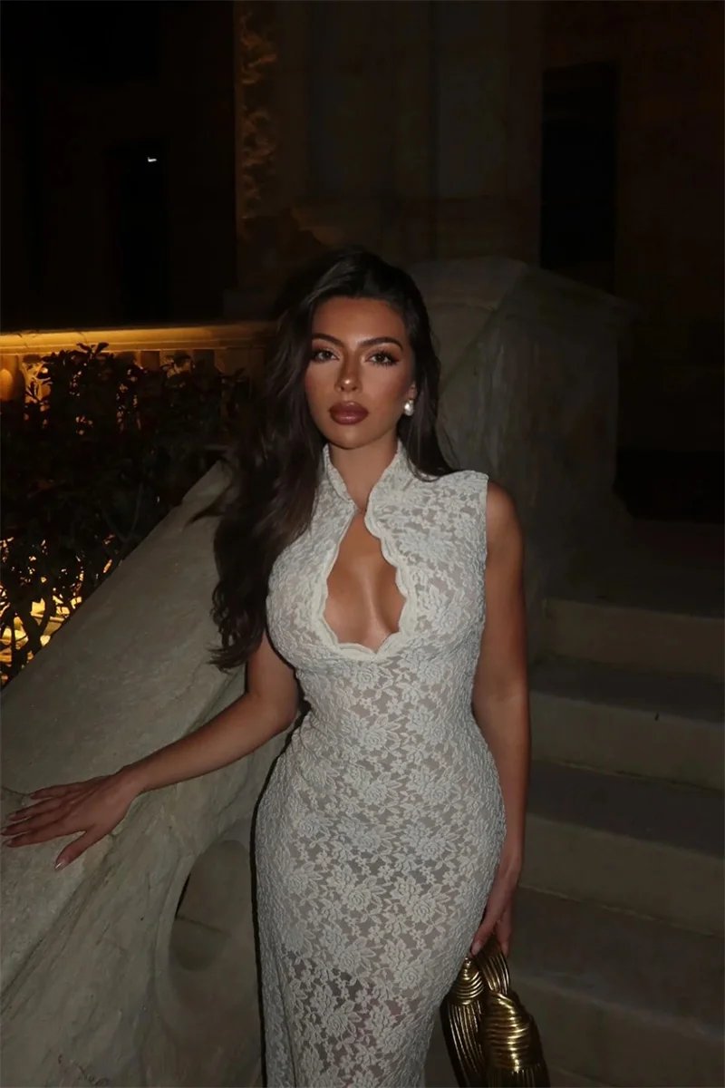 Victoria's Vogue Lace Sleeveless Sexy Maxi Dress Women Gown Elegant Hollow Out Half High Collar Split Bodycon Club Party Long Dresses Victoria's Vogue Lace Sleeveless Sexy Maxi Dress Women Gown Elegant Hollow Out Half High Collar Split Bodycon Club Party Long Dresses